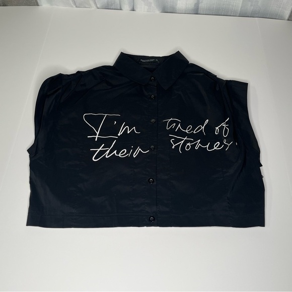 Emerson Lang Black Button-Down Women's “I’m tired of their stories” Shirt NWT - Picture 8 of 15